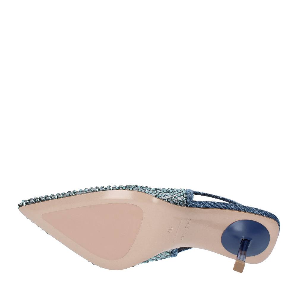 LE SILLA Décolleté Slingback Modello GILDA In Tessuto E Rete Argentata, Ulteriormente Impreziosita Da Cristalli