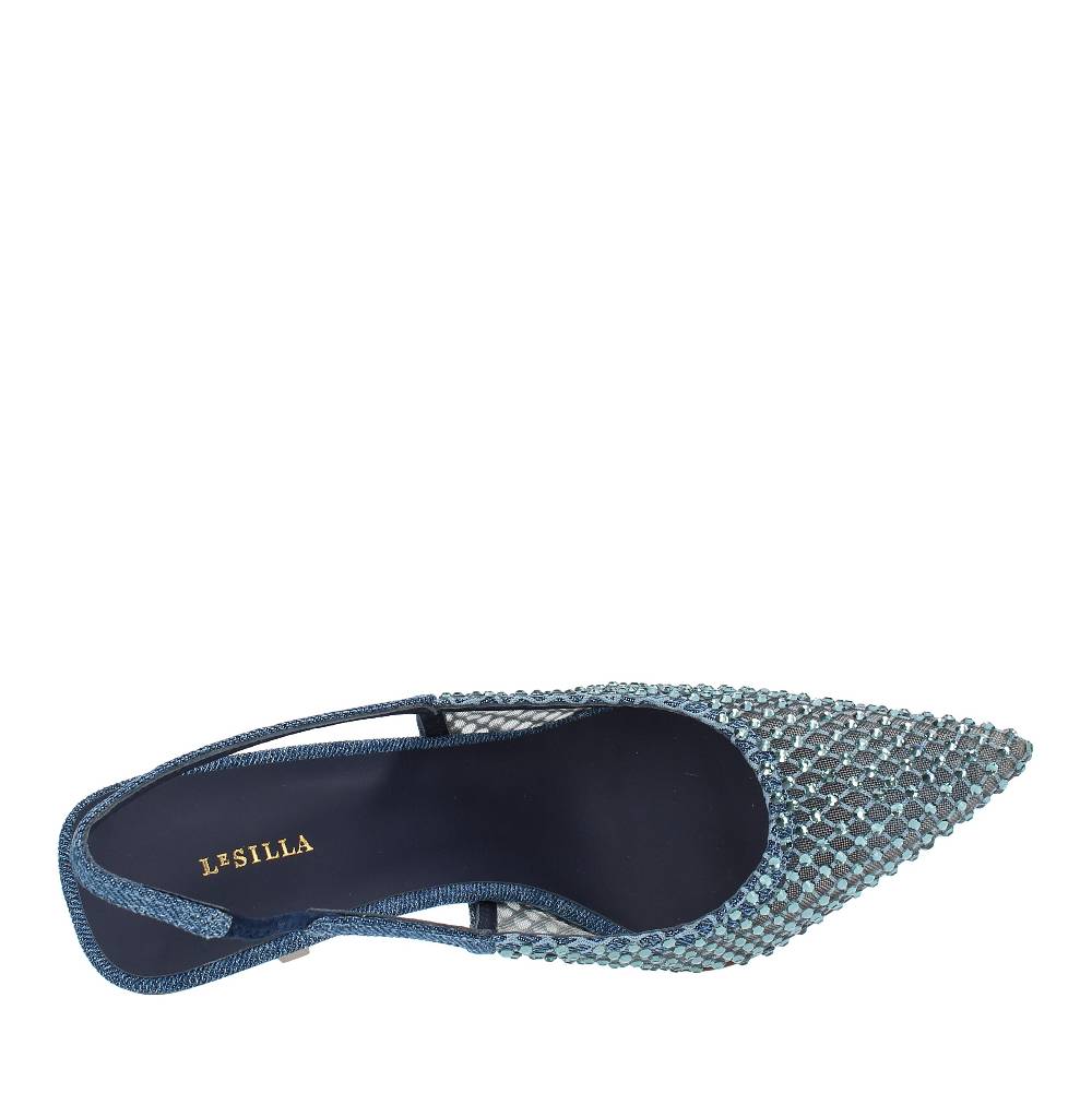 LE SILLA Décolleté Slingback Modello GILDA In Tessuto E Rete Argentata, Ulteriormente Impreziosita Da Cristalli