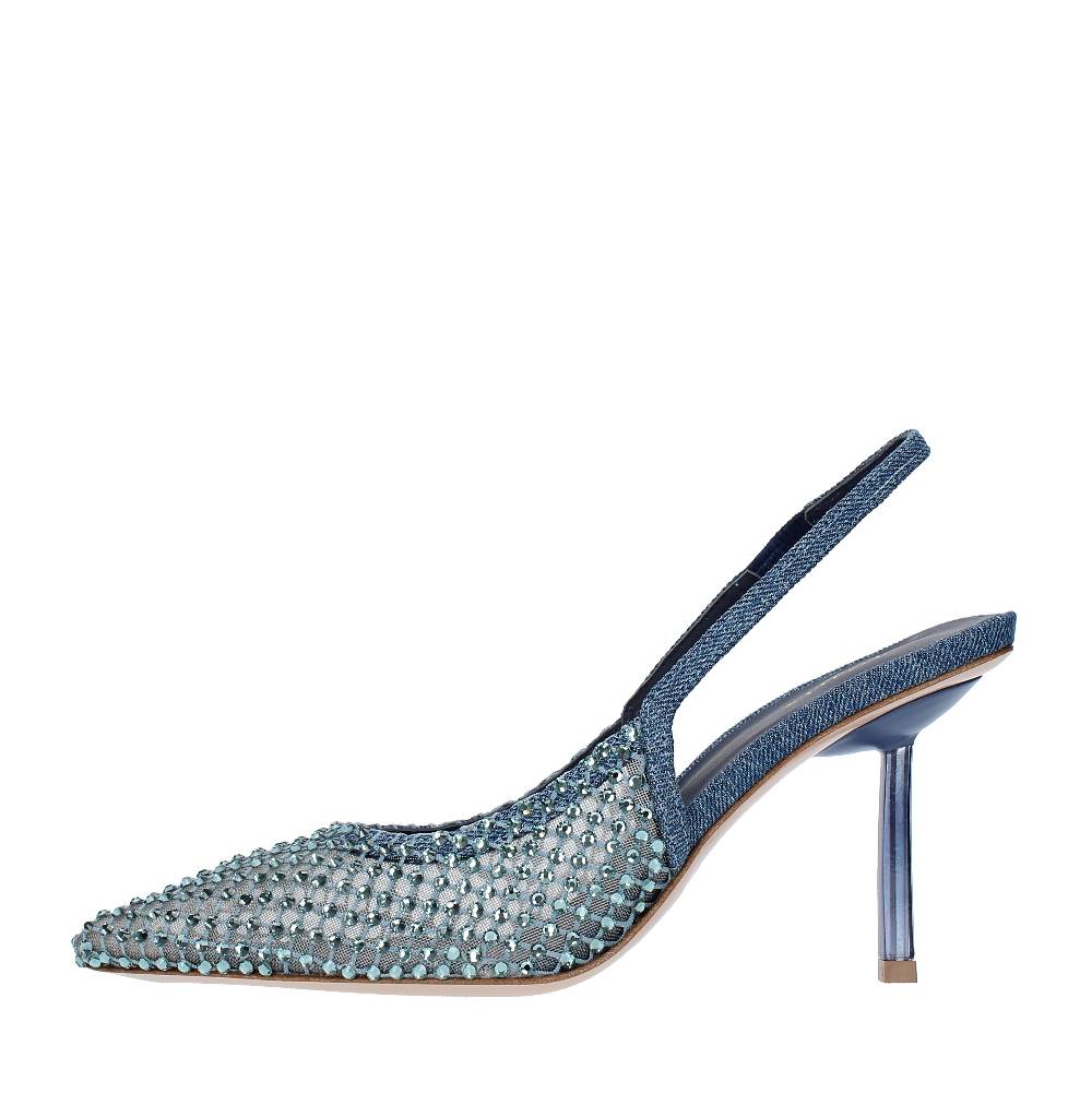 LE SILLA Décolleté Slingback modello GILDA in tessuto e rete argentata, ulteriormente impreziosita da cristalli