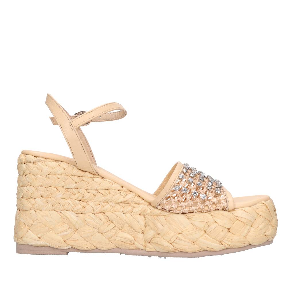 EMANUELLE VEE Sandali Zeppa In Pelle E Rafia