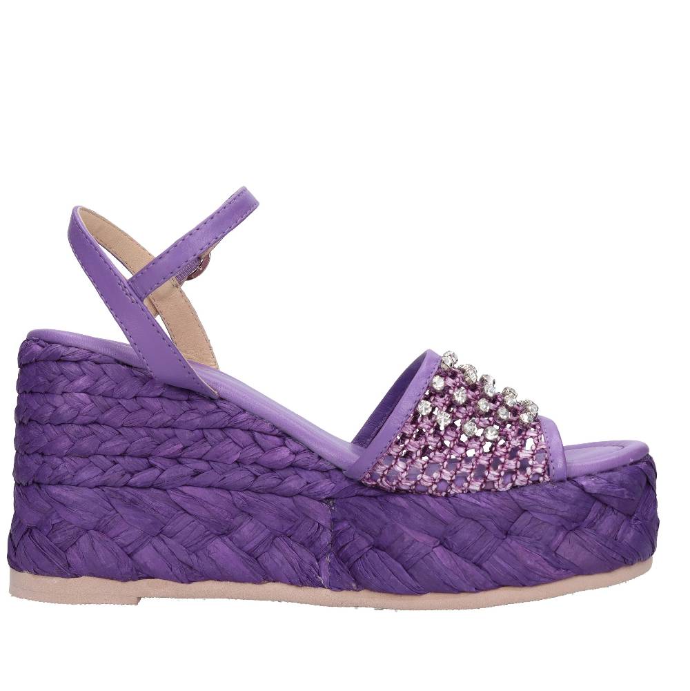 EMANUELLE VEE Sandali Zeppa In Pelle E Rafia