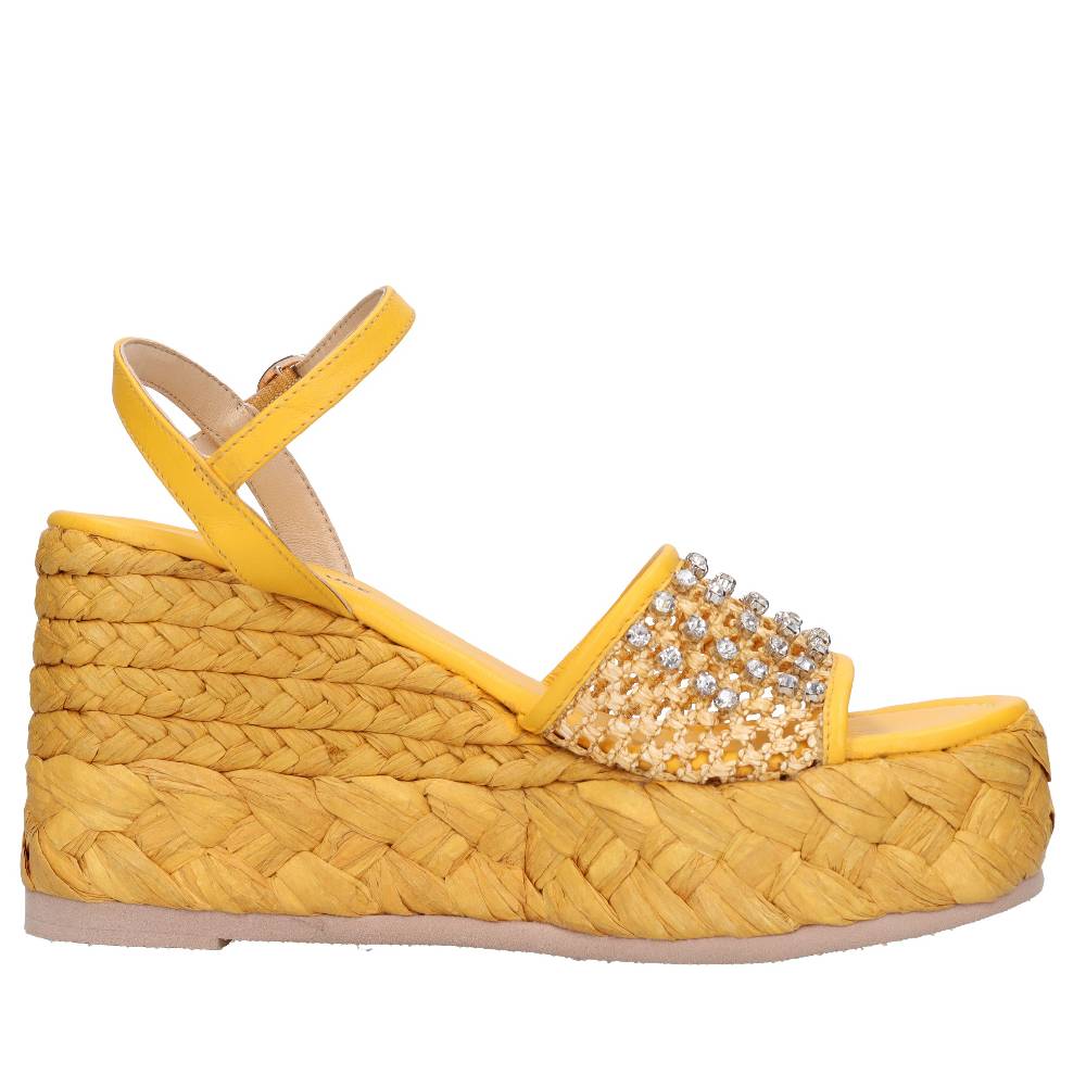 EMANUELLE VEE Sandali Zeppa In Pelle E Rafia