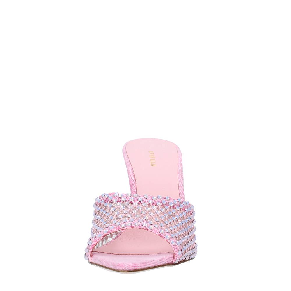 LE SILLA Mules Modello GILDA In Tessuto E Rete Argentata, Ulteriormente Impreziosita Da Cristalli