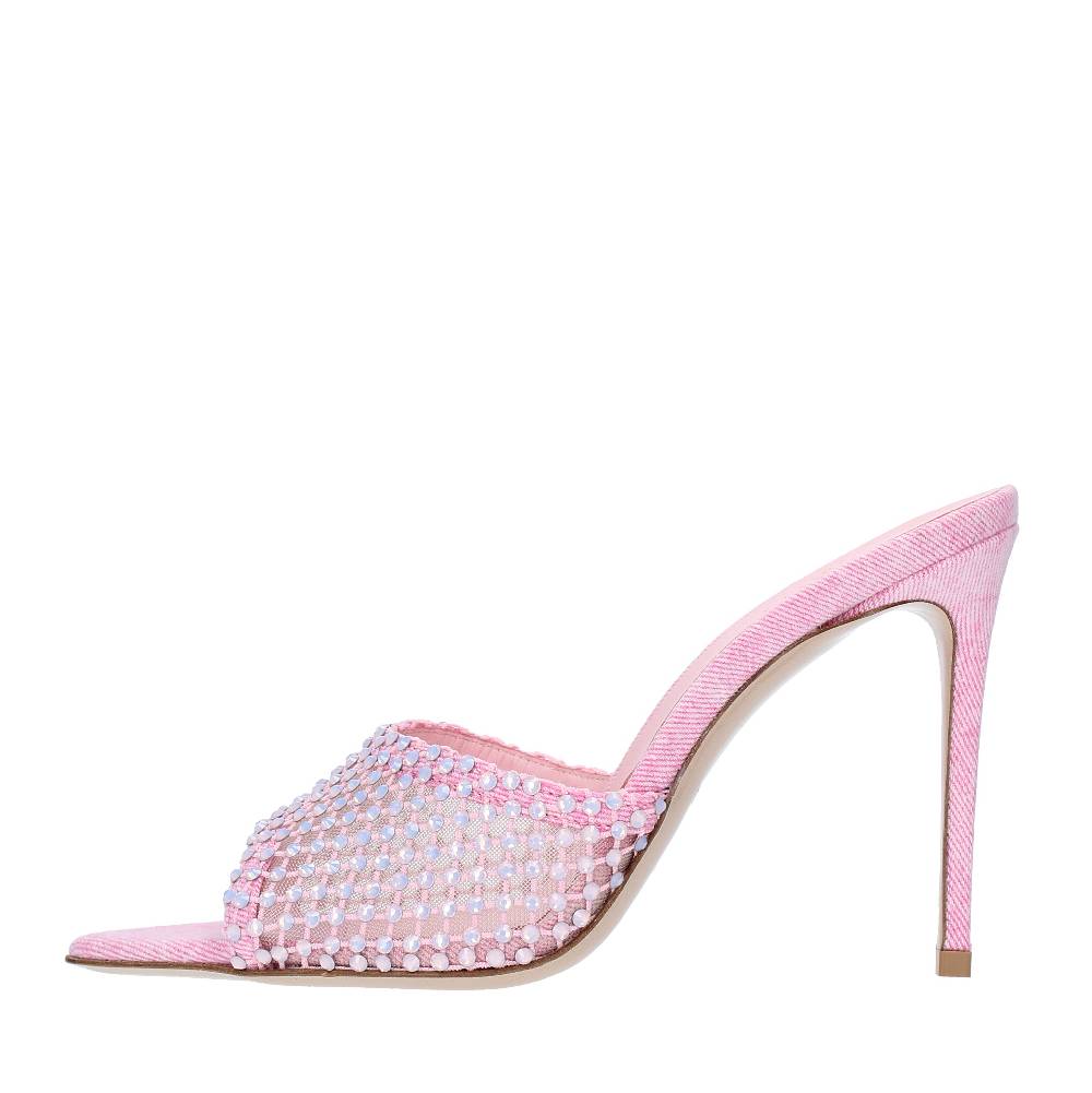 LE SILLA Mules modello GILDA in tessuto e rete argentata, ulteriormente impreziosita da cristalli