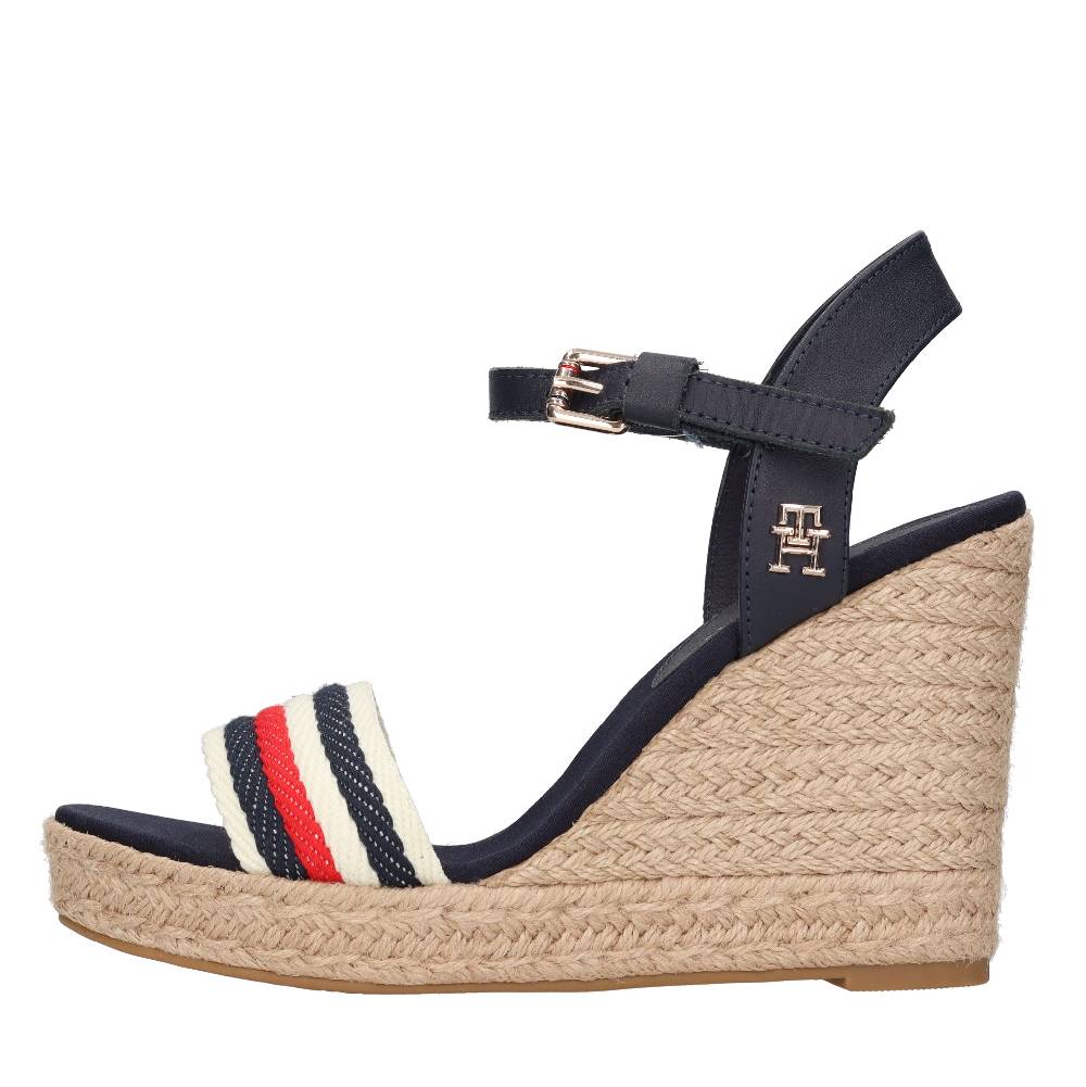 TOMMY HILFIGER Sandali con zeppa in pelle e tessuto