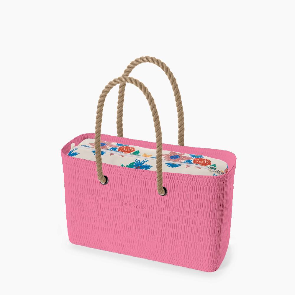 O bag beach pink e naturale stampa fiori