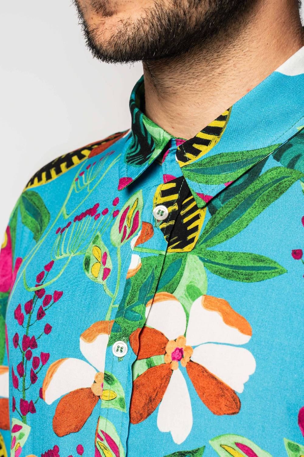 Officina 36 Camicia In Viscosa Stampata Color Cielo