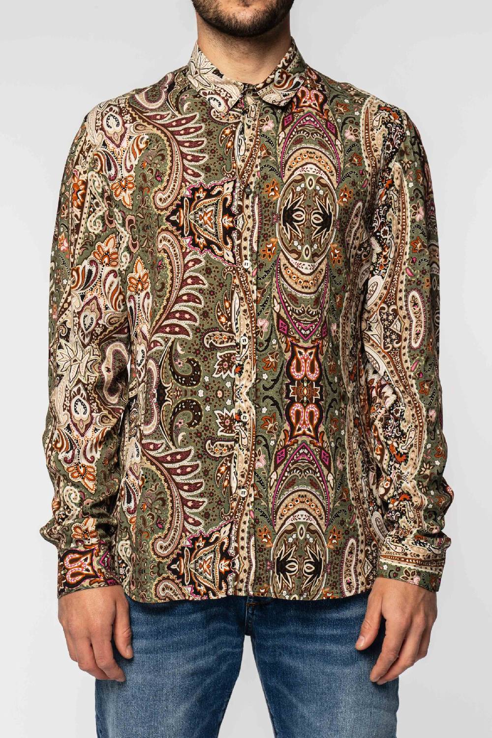 Officina 36 Camicia in viscosa stampata verde militare