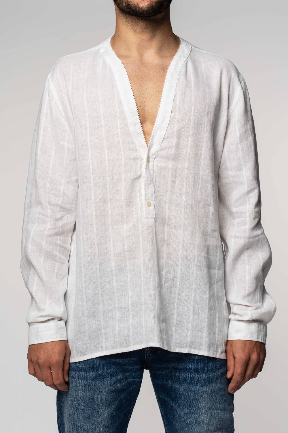 Officina 36 Caftano bianco in lino rigato