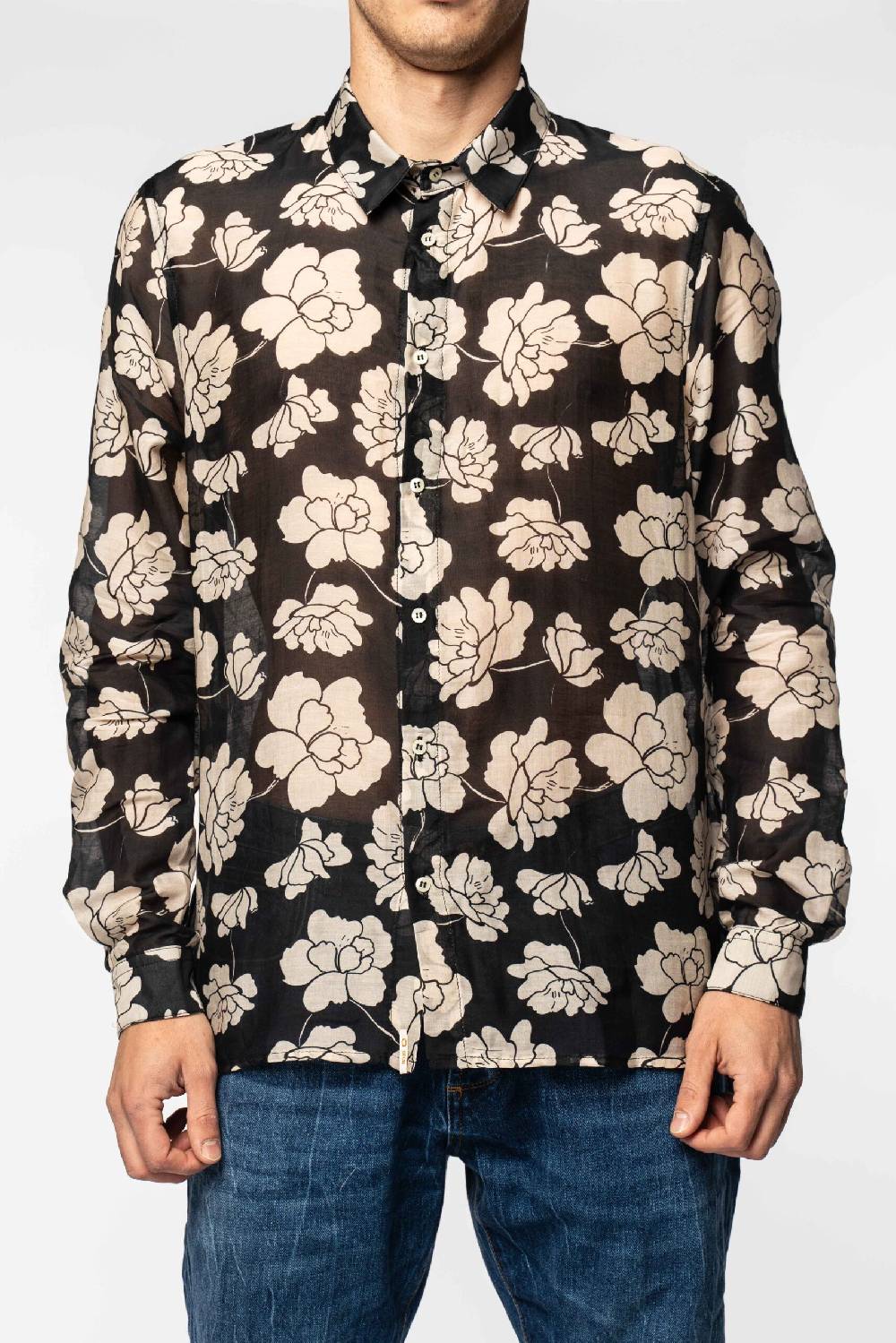 Officina 36 Camicia in misto seta stampata nera