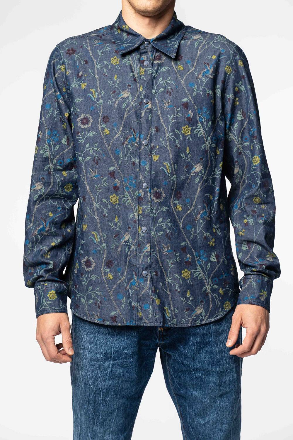 Officina 36 Camicia in tela denim blu stampata