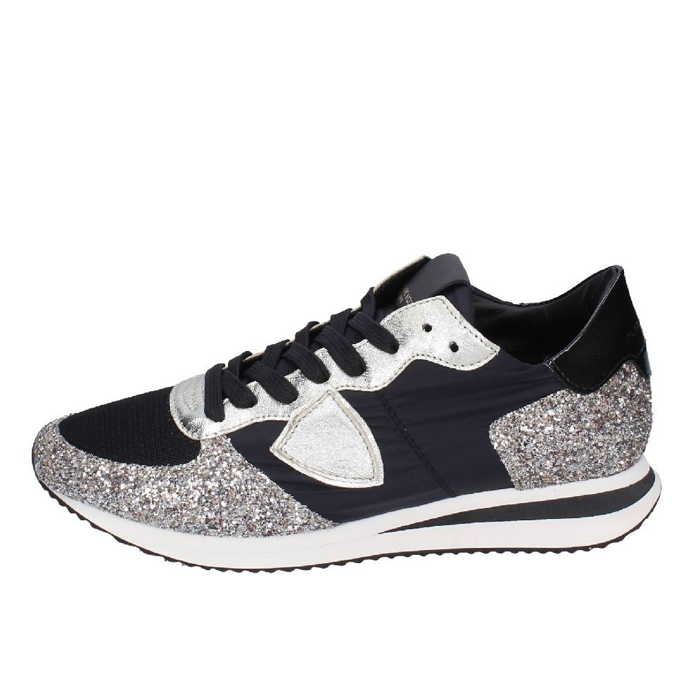 Scarpe Donna PHILIPPE MODEL Sneakers Nero Tessuto Platino Glitter EX366