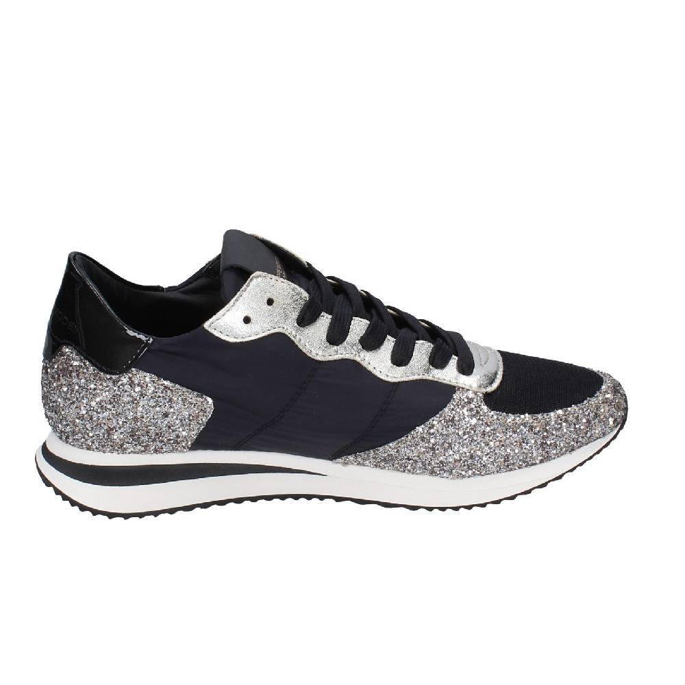 Scarpe Donna PHILIPPE MODEL Sneakers Nero Tessuto Platino Glitter EX366