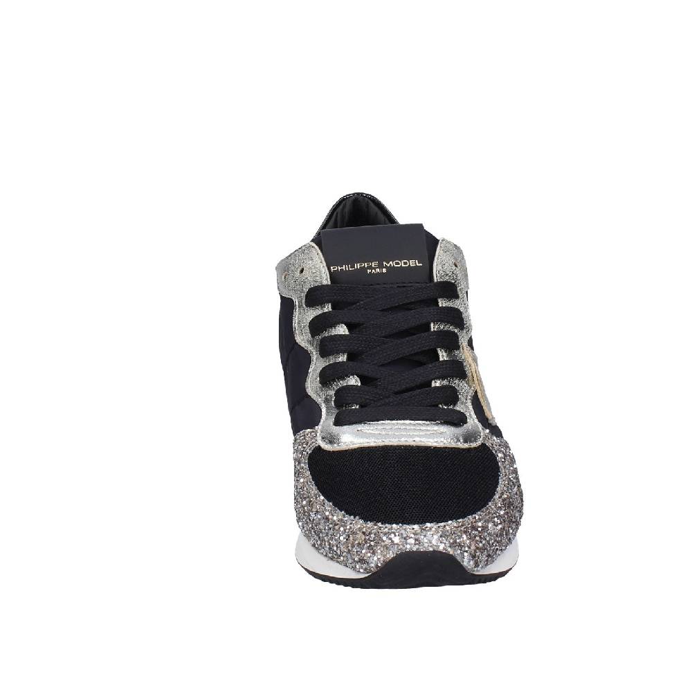 Scarpe Donna PHILIPPE MODEL Sneakers Nero Tessuto Platino Glitter EX366