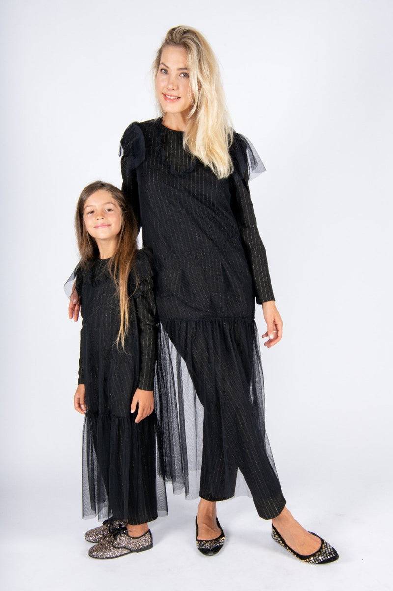 Olive E Miele MiniMe t-shirt Beth + pantalone Gertie gessato lurex + abito Mabel