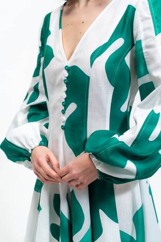 Olla Parèg ABITO IN LINO STAMPA FOGLIA CON MANICHE A SBUFFO