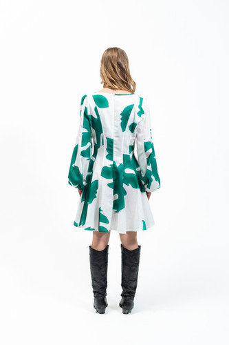 Olla Parèg ABITO IN LINO STAMPA FOGLIA CON MANICHE A SBUFFO