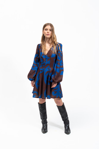 Olla Parèg ABITO IN LINO STAMPA FOGLIA CON MANICHE A SBUFFO