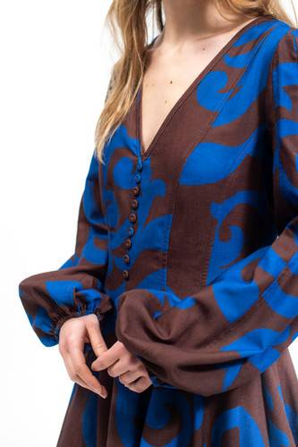 Olla Parèg ABITO IN LINO STAMPA FOGLIA CON MANICHE A SBUFFO