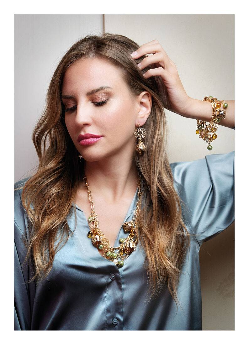 Ottaviani Collana Dorata Con Perle Cristalli E Resina