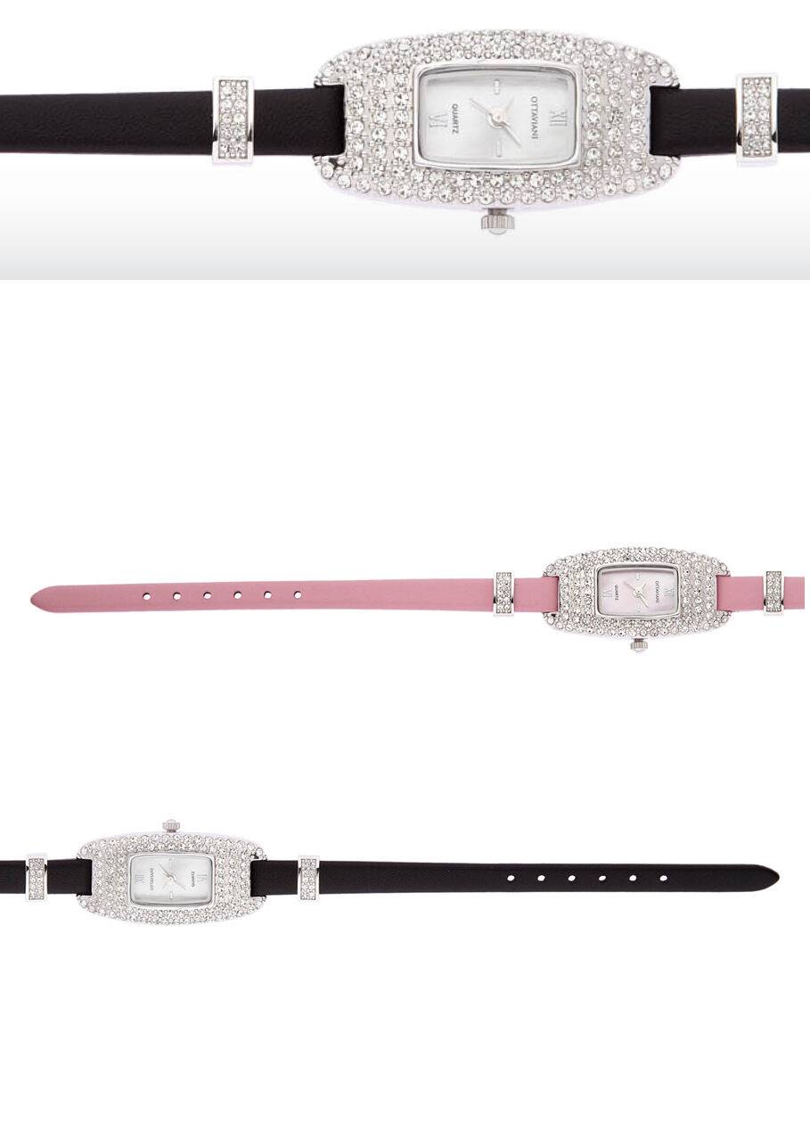 Ottaviani Quarzo Metallo Con Strass E Pelle Nera