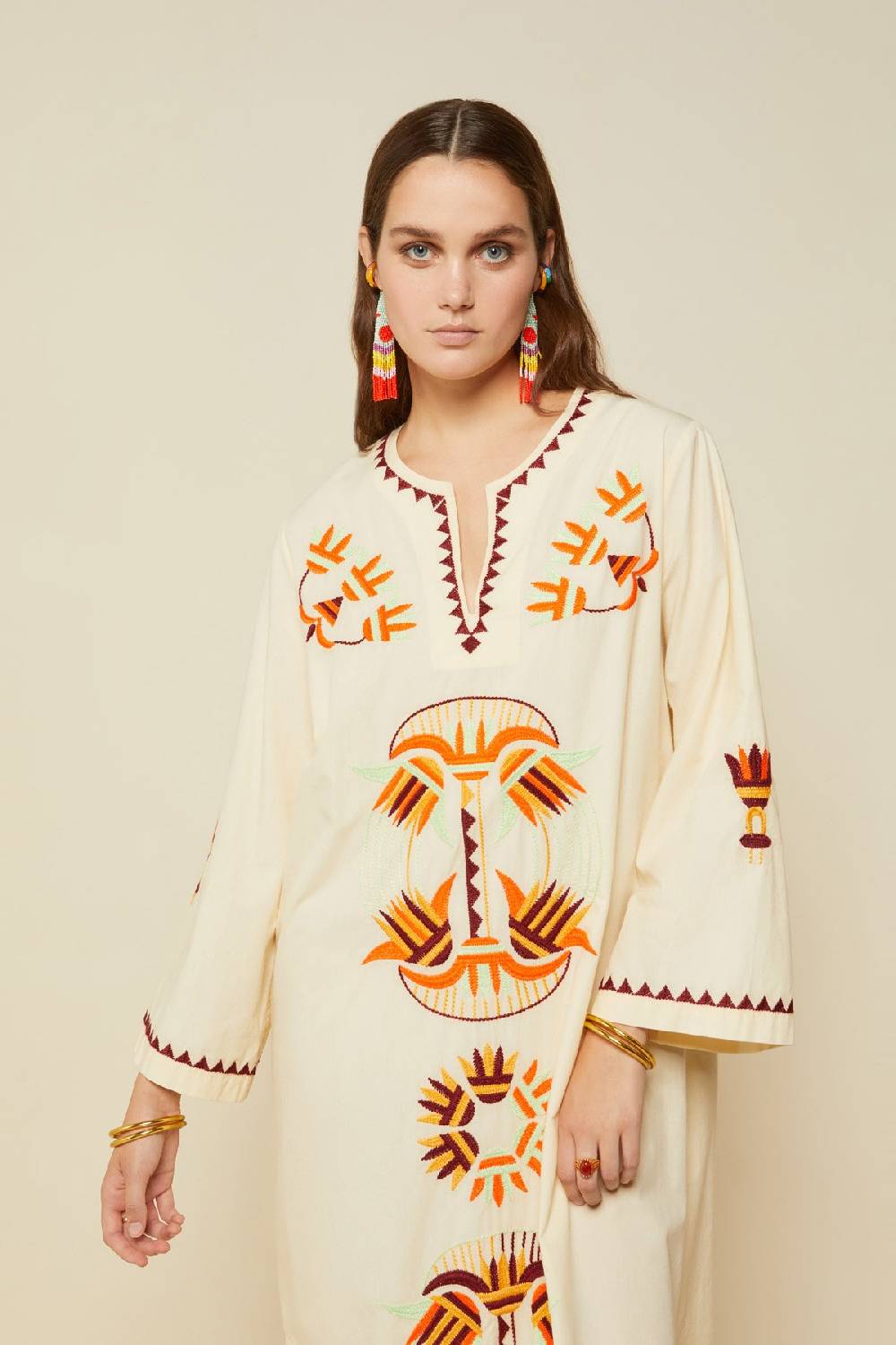 Ottod'Ame Cotton Long Kaftan Dress With Embroideries
