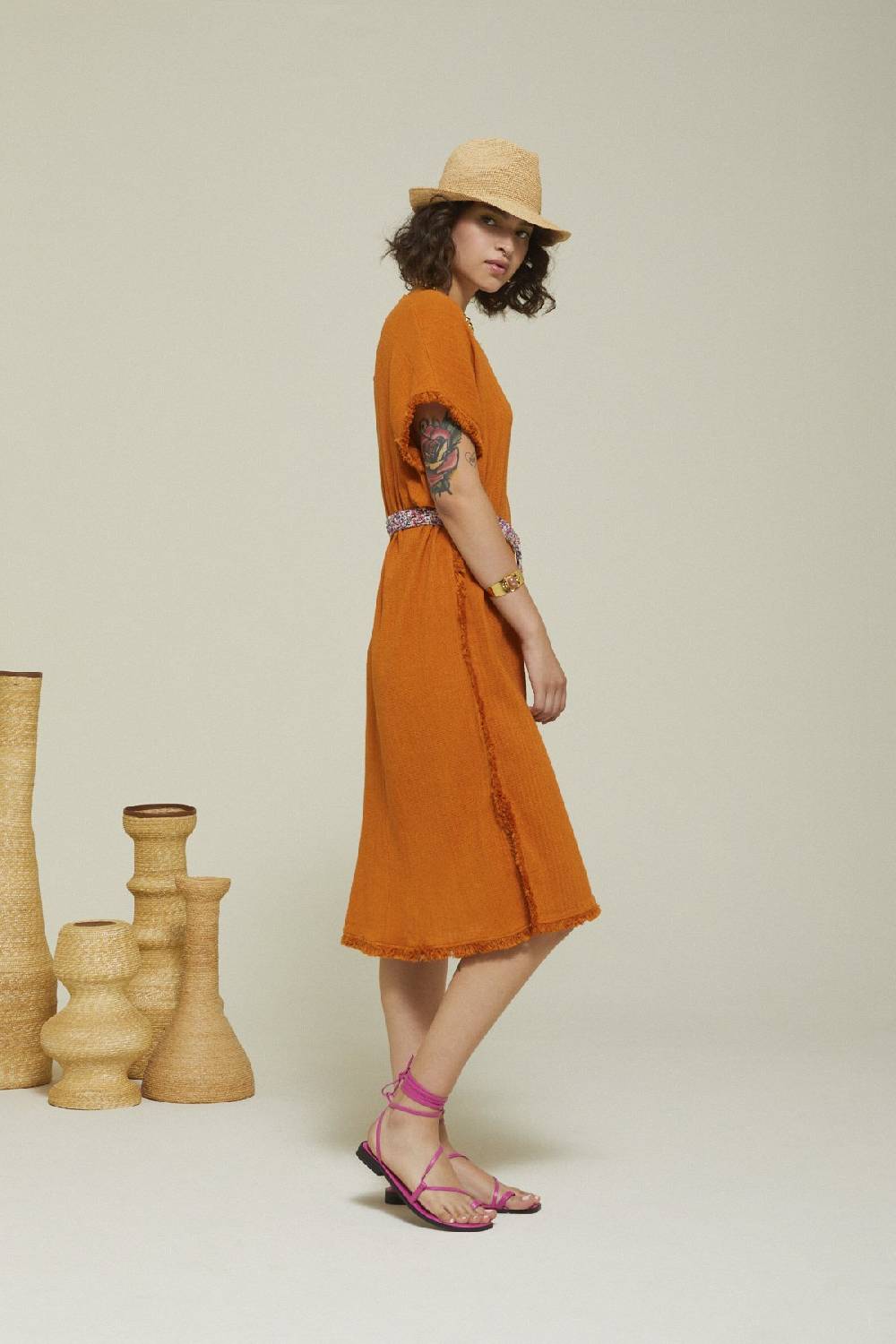 Ottod'Ame Cotton Midi Dress With Raw Cut Hemline