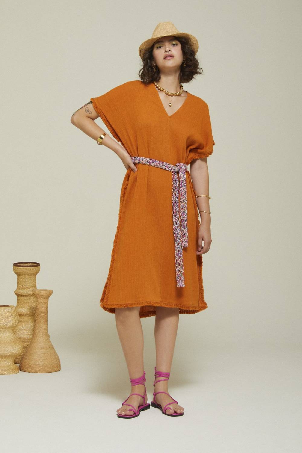ottod'Ame Cotton midi dress with raw cut hemline