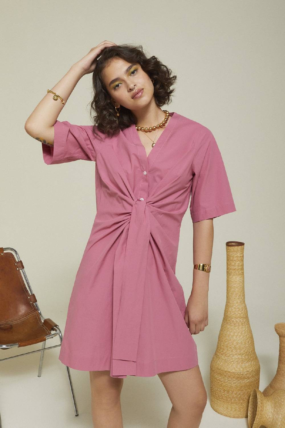 Ottod'Ame Poplin Short Dress With Knot