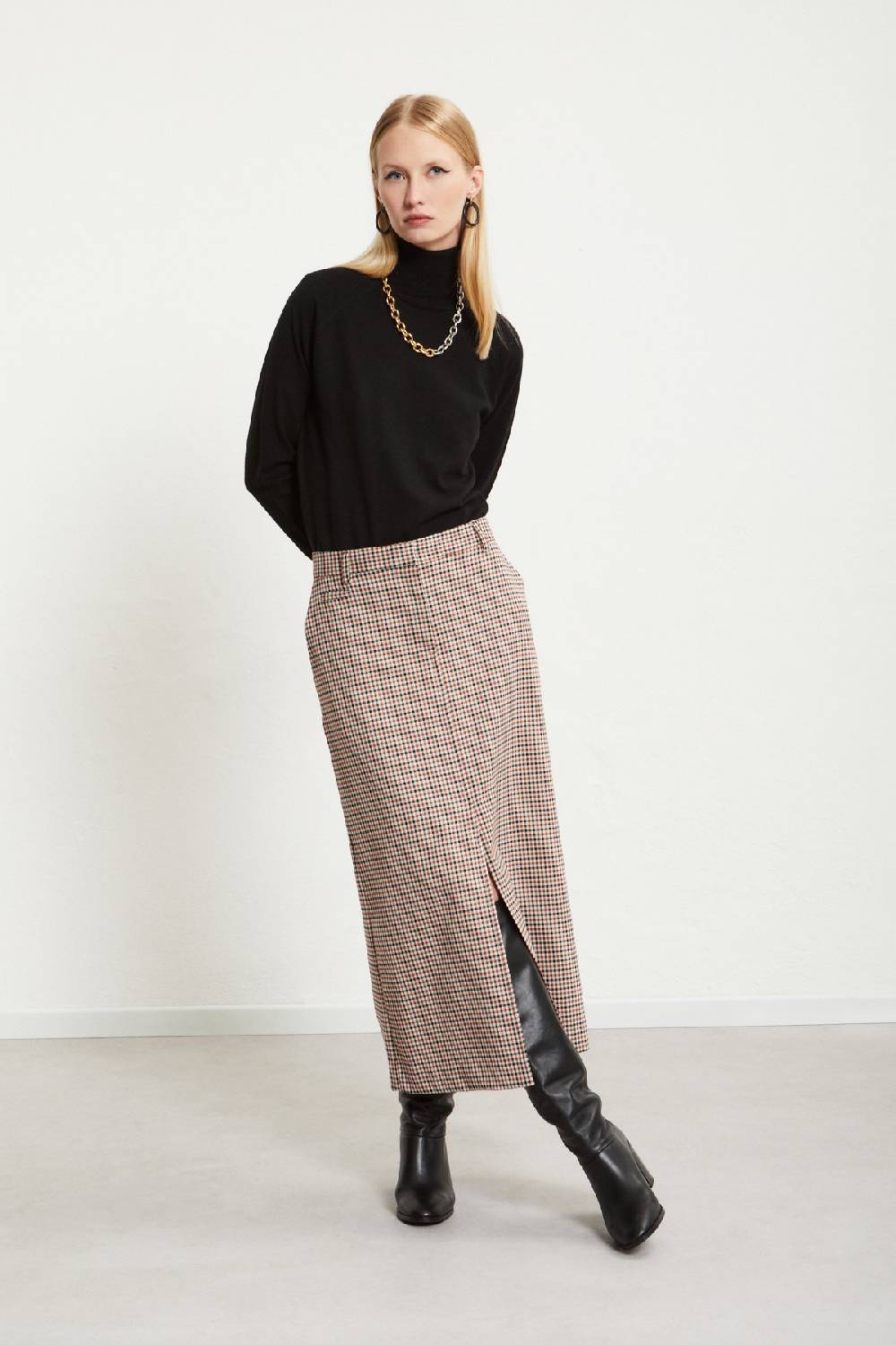 Ottod'Ame Printed Check Long Skirt