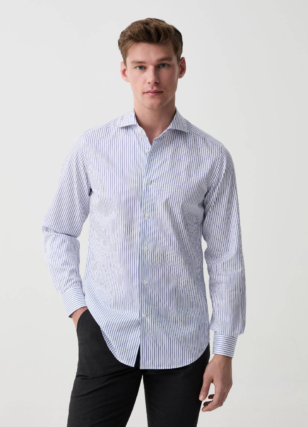 Ovs Camicia Slim Fit In Cotone Doppio Ritorto A Righe