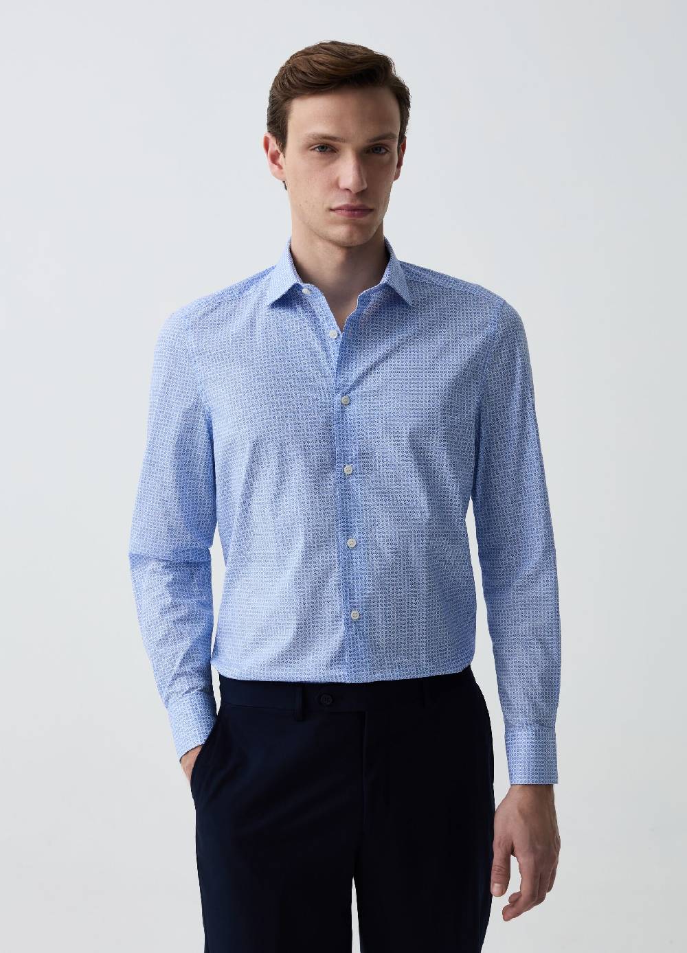 Ovs Camicia Slim Fit In Cotone Stretch Micro Fantasia