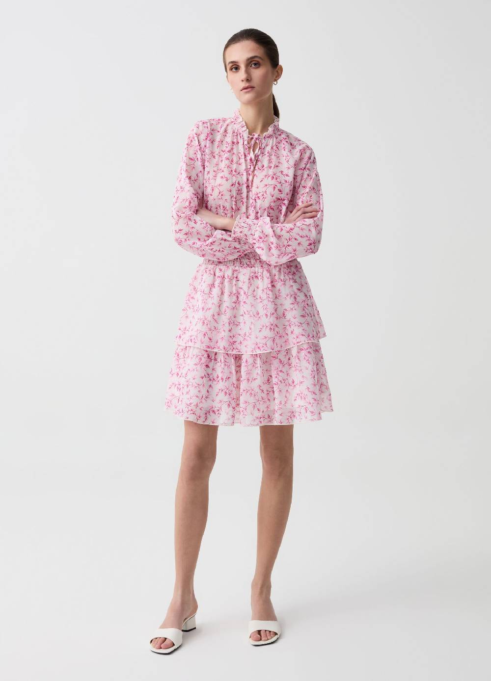 Ovs Abito corto a balze con stampa foliage