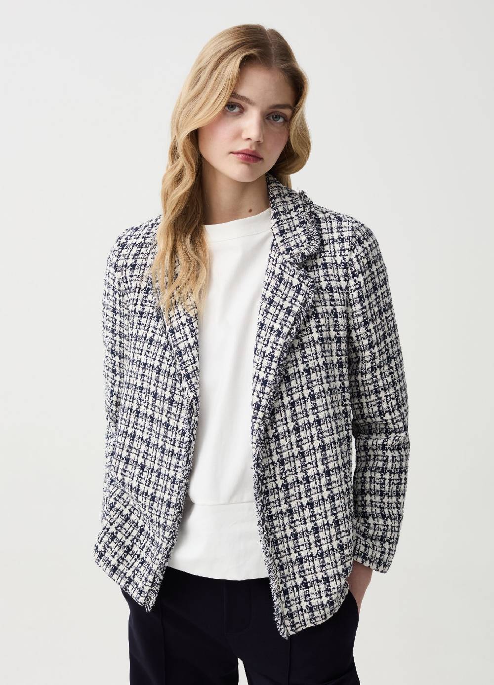 Ovs Blazer aperto sfrangiato in tweed check