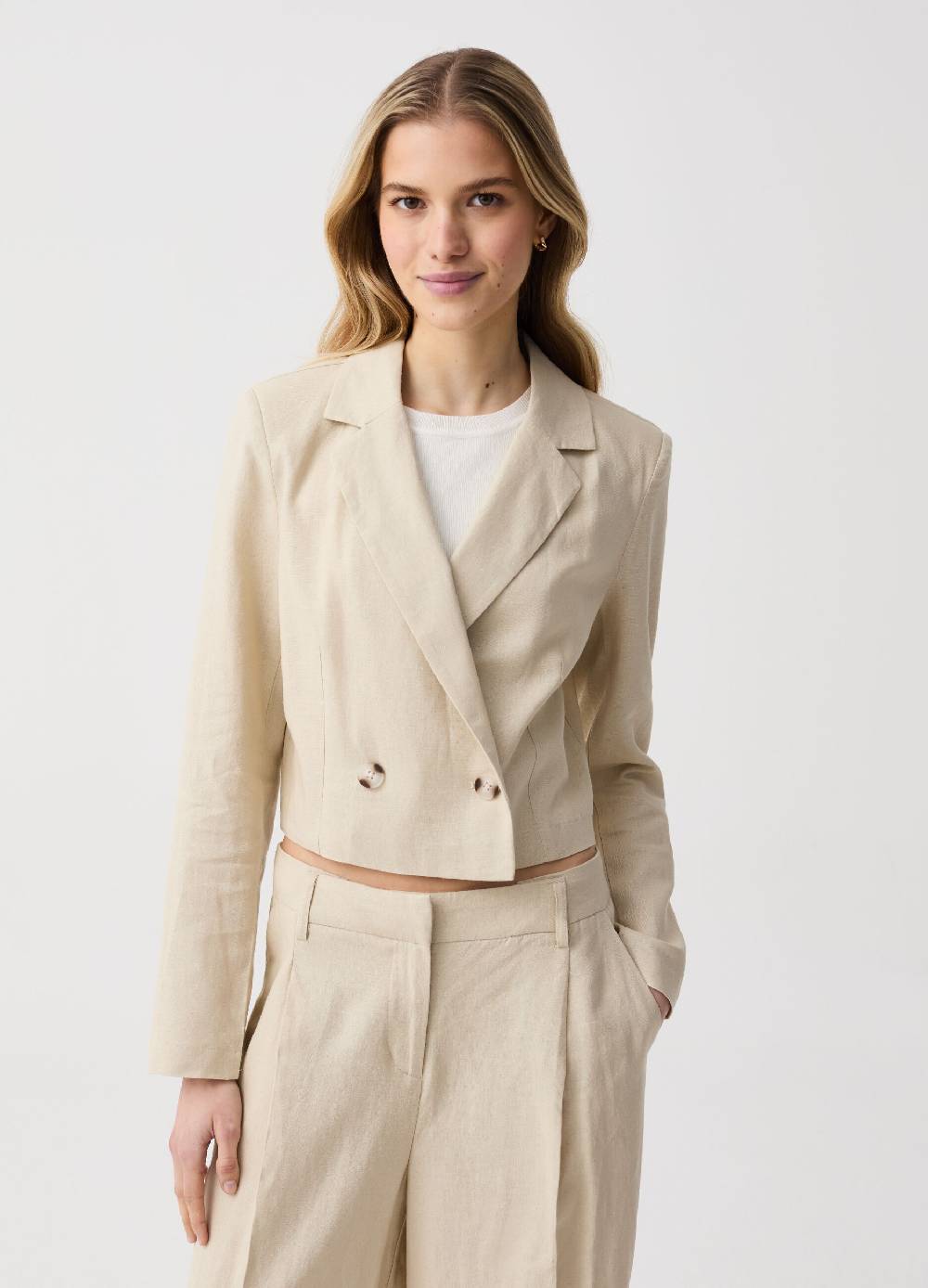 Ovs Blazer Cropped In Lino E Viscosa