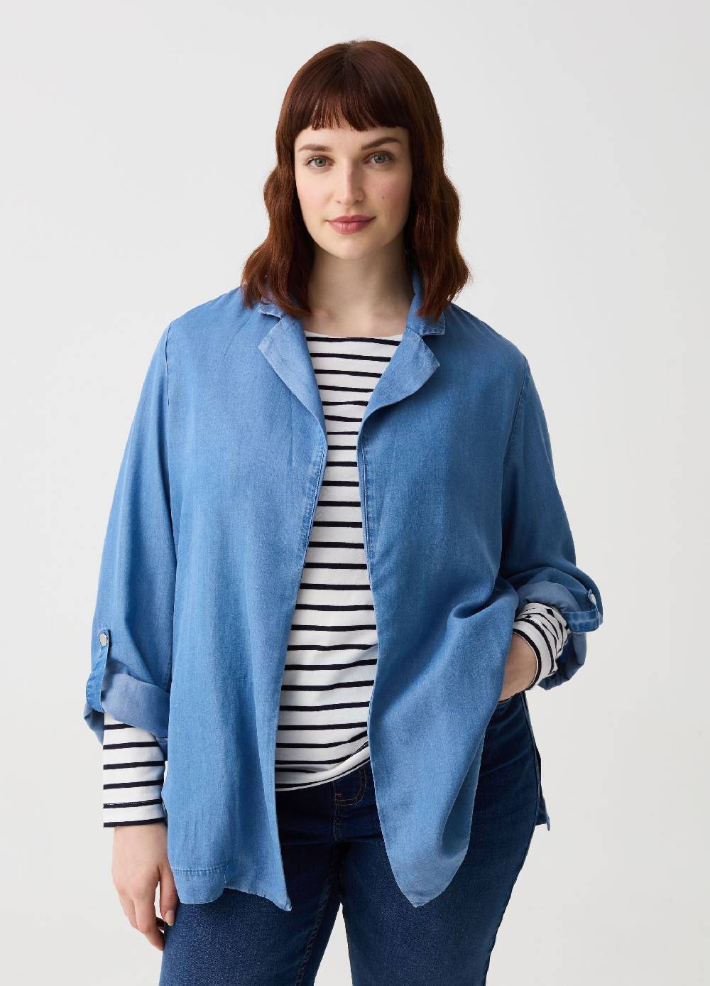 Ovs Blazer fluido aperto effetto denim Curvy