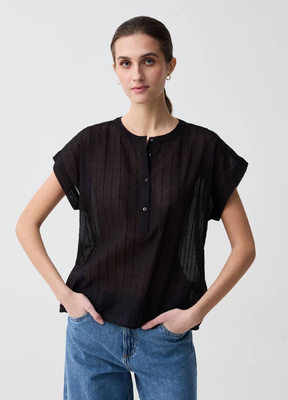 Ovs Blusa in cotone dobby con scollo serafino
