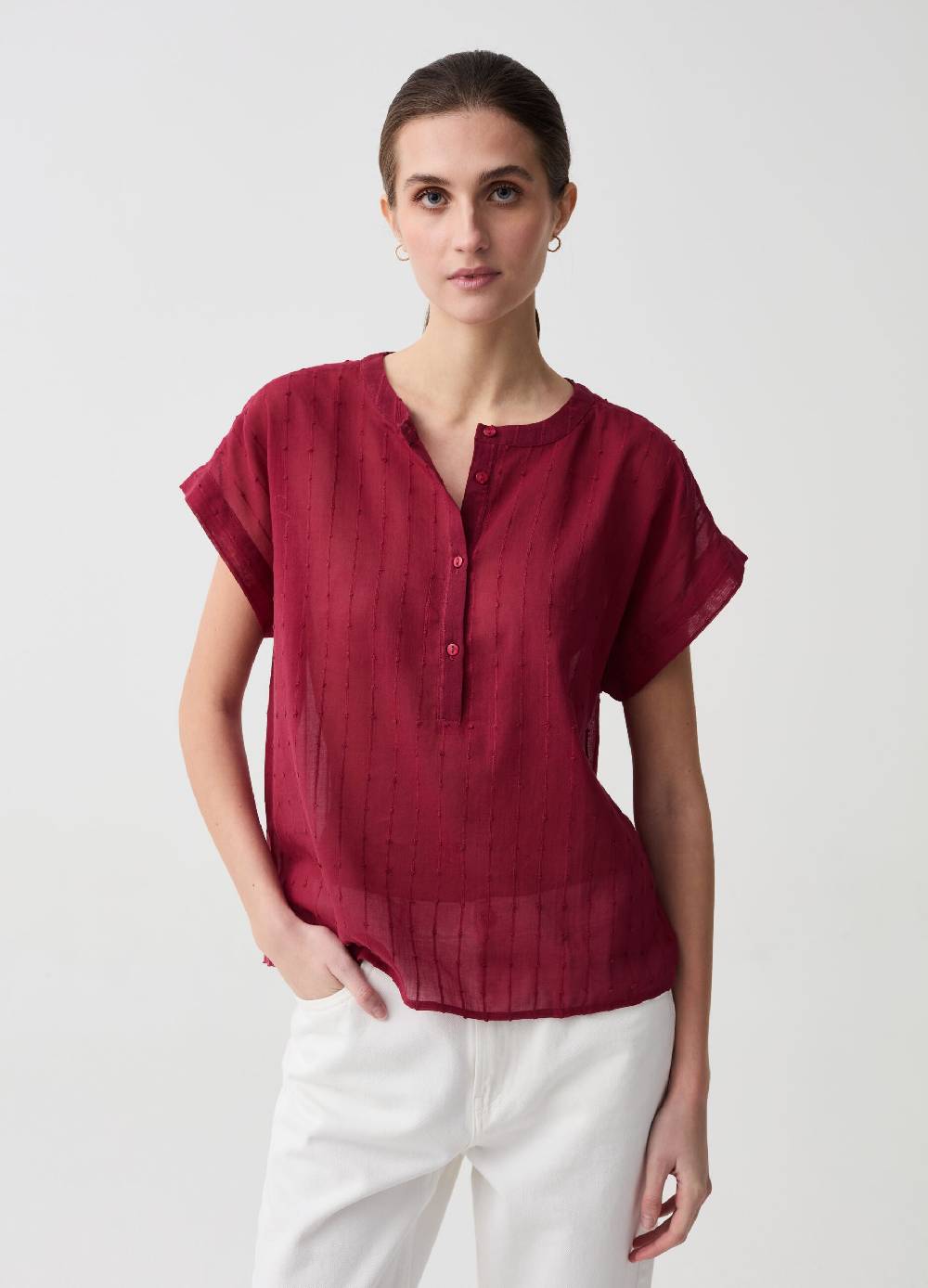 Ovs Blusa in cotone dobby con scollo serafino