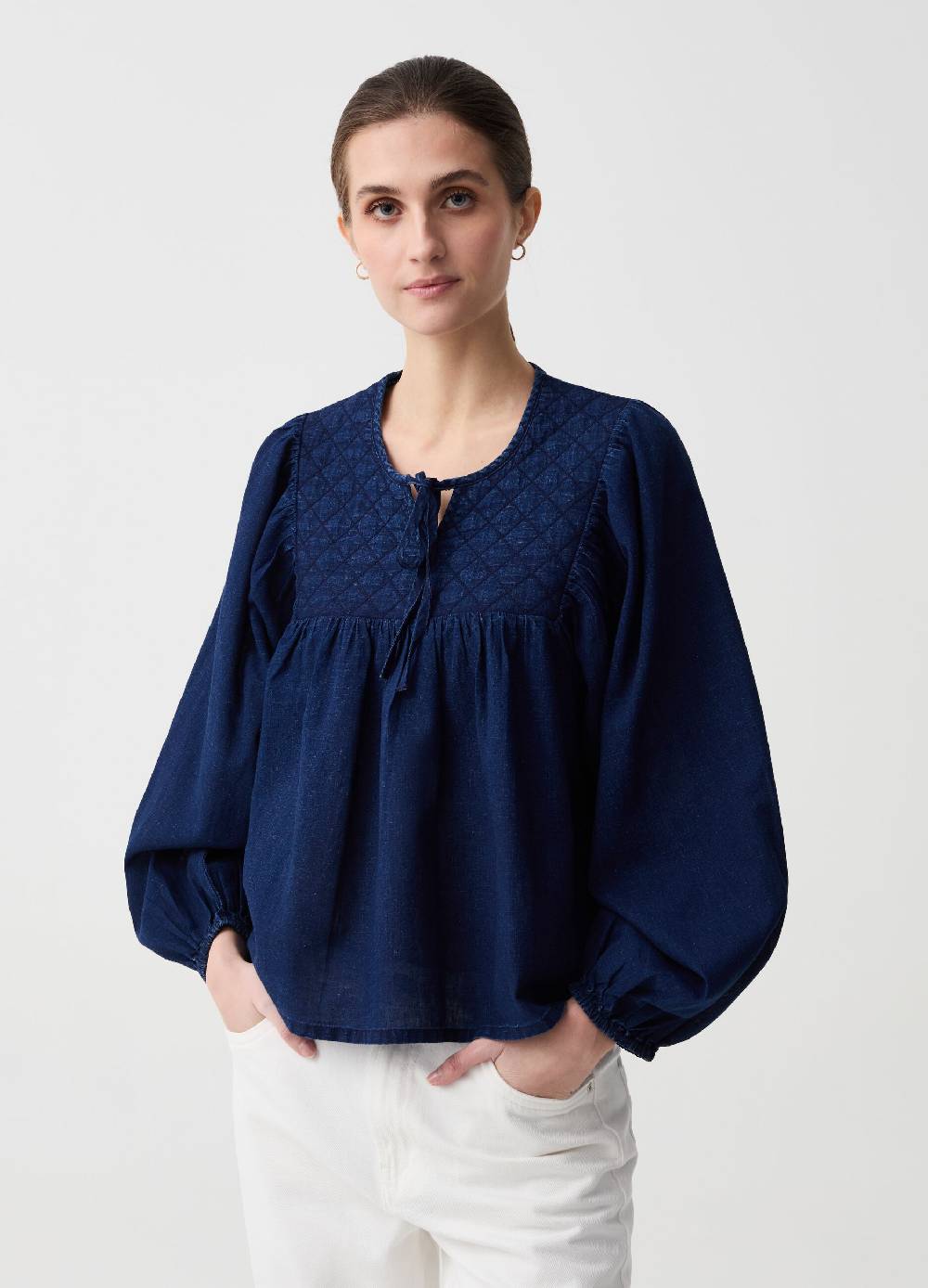Ovs Blusa in denim con ricamo a rombi