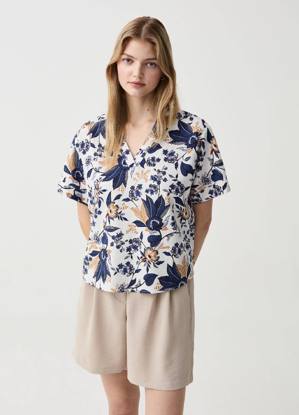 Ovs Blusa in lino e viscosa con scollo a V