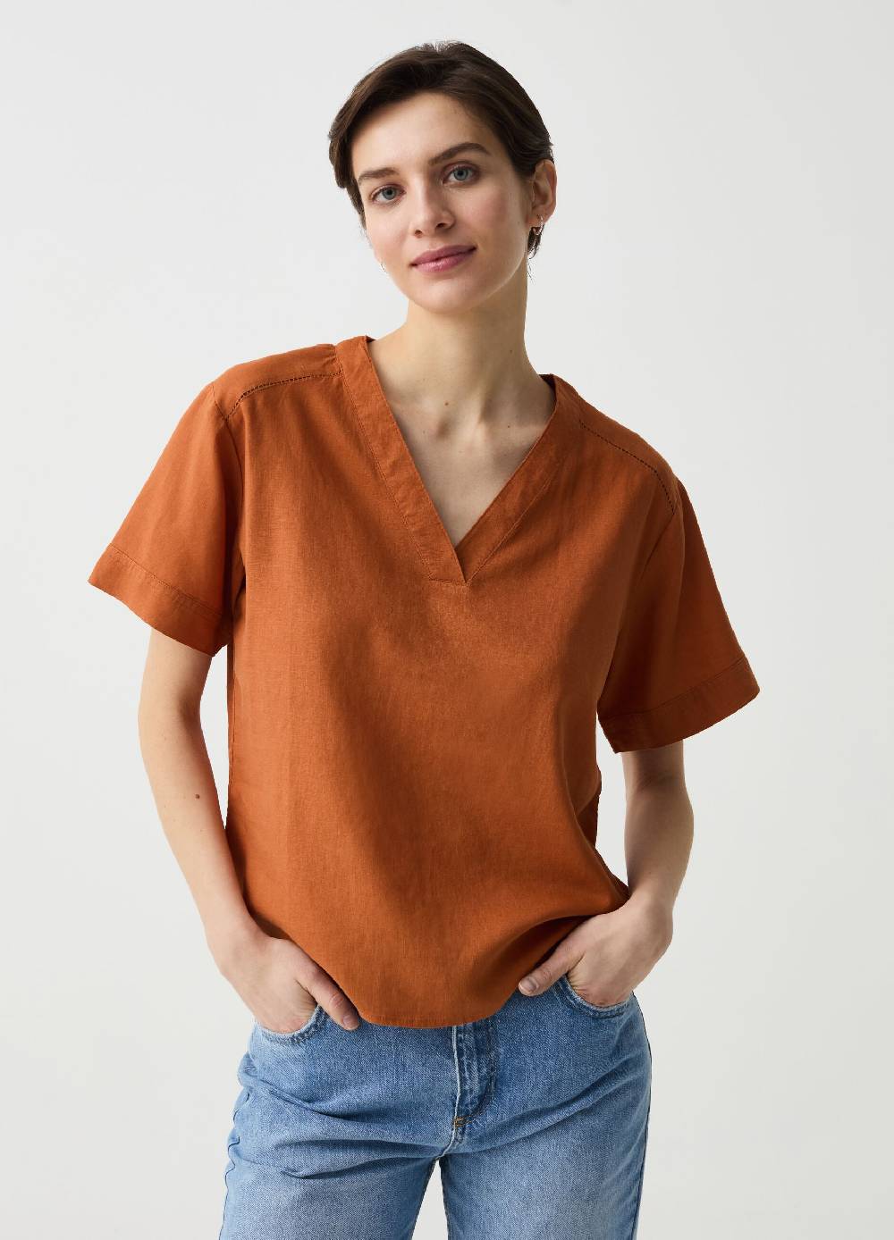 Ovs Blusa in lino e viscosa con scollo a V