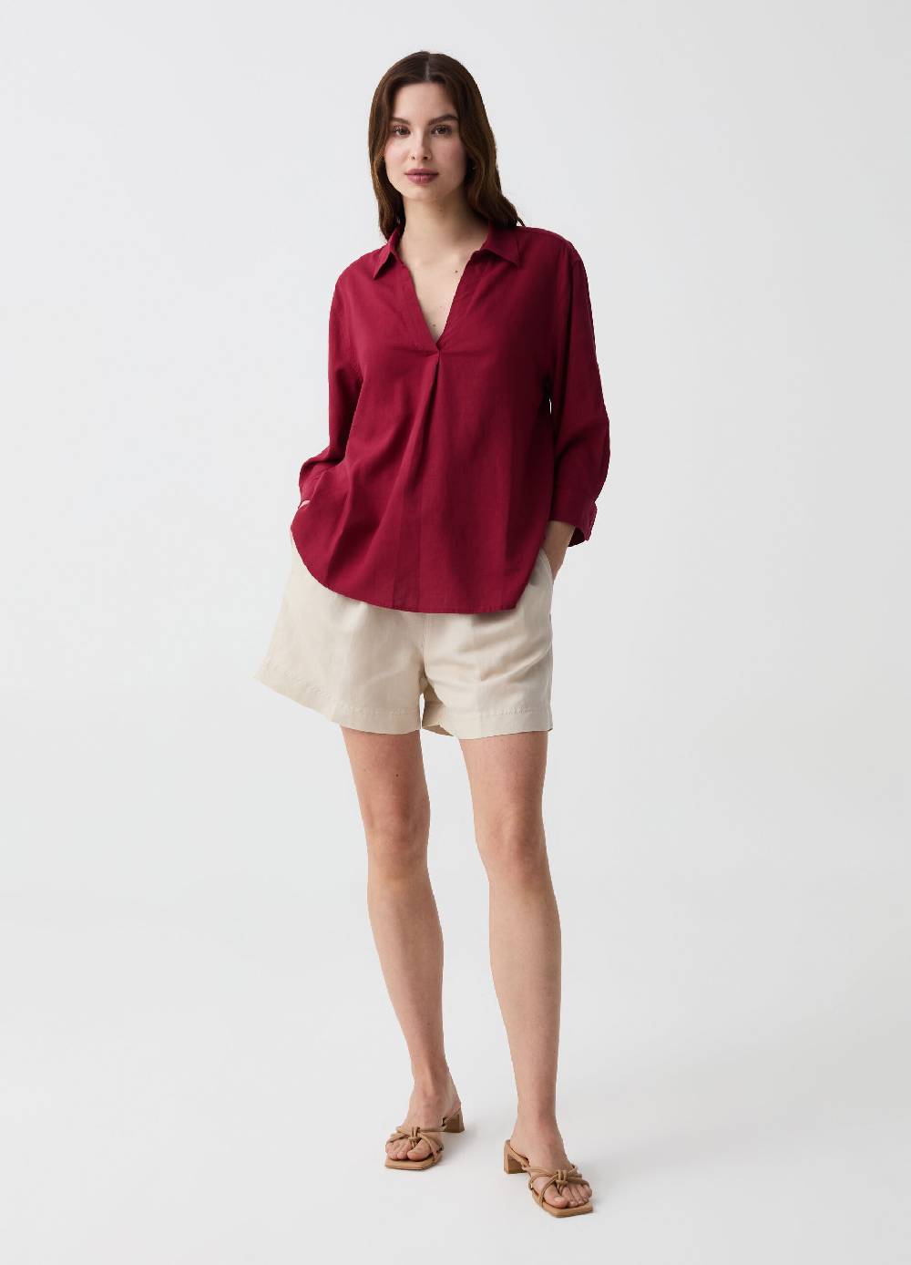 Ovs Blusa in lino e viscosa scollo a polo