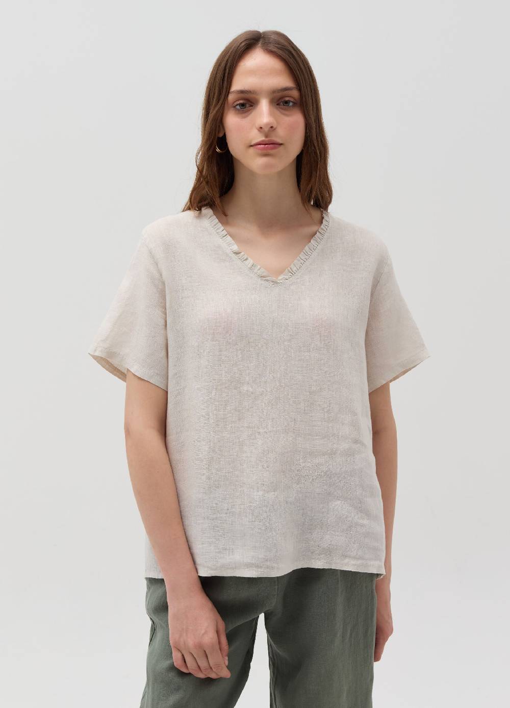 Ovs Blusa in lino scollo a V con rouche