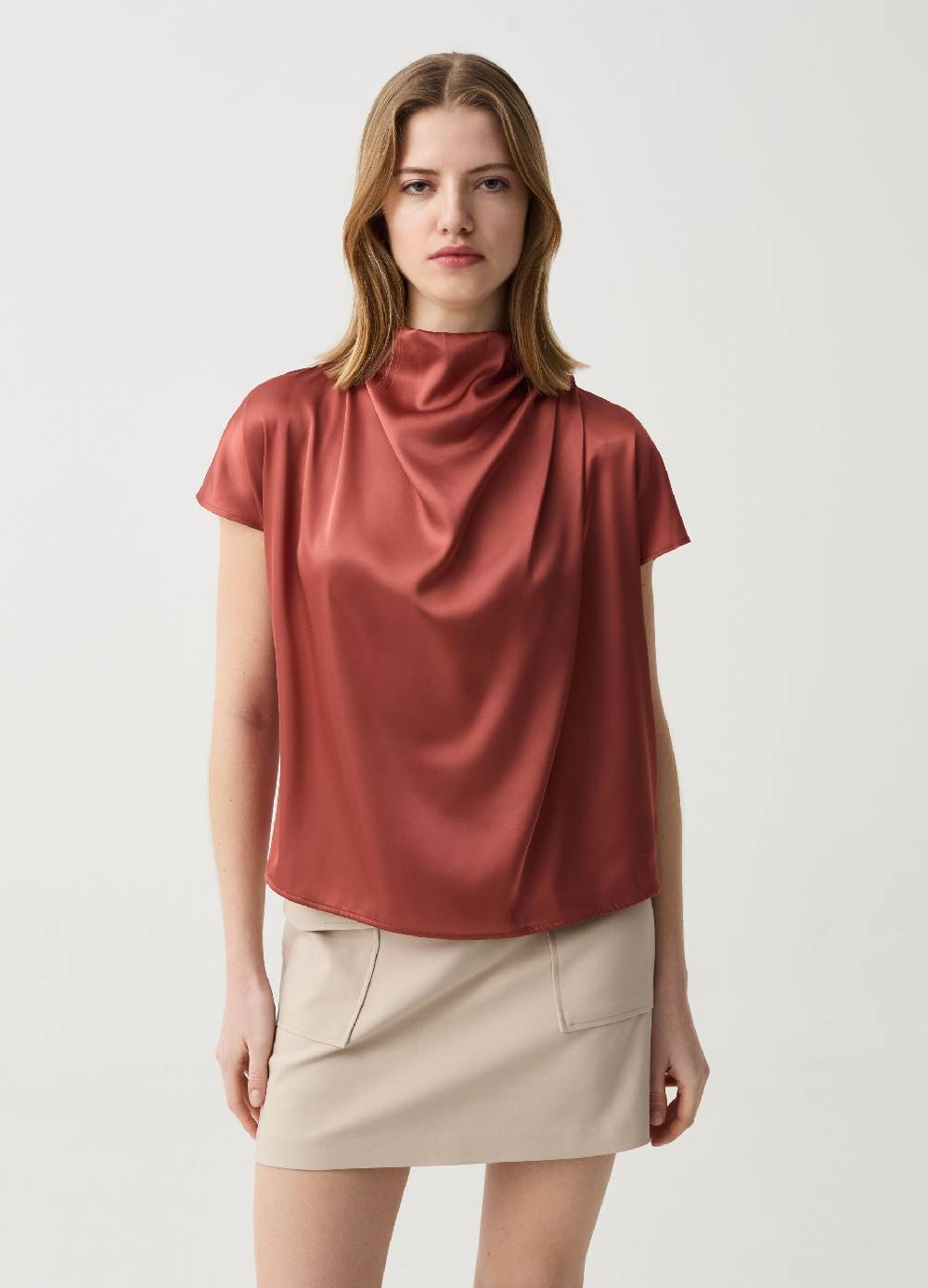 Ovs Blusa in satin collo alto con drappeggio