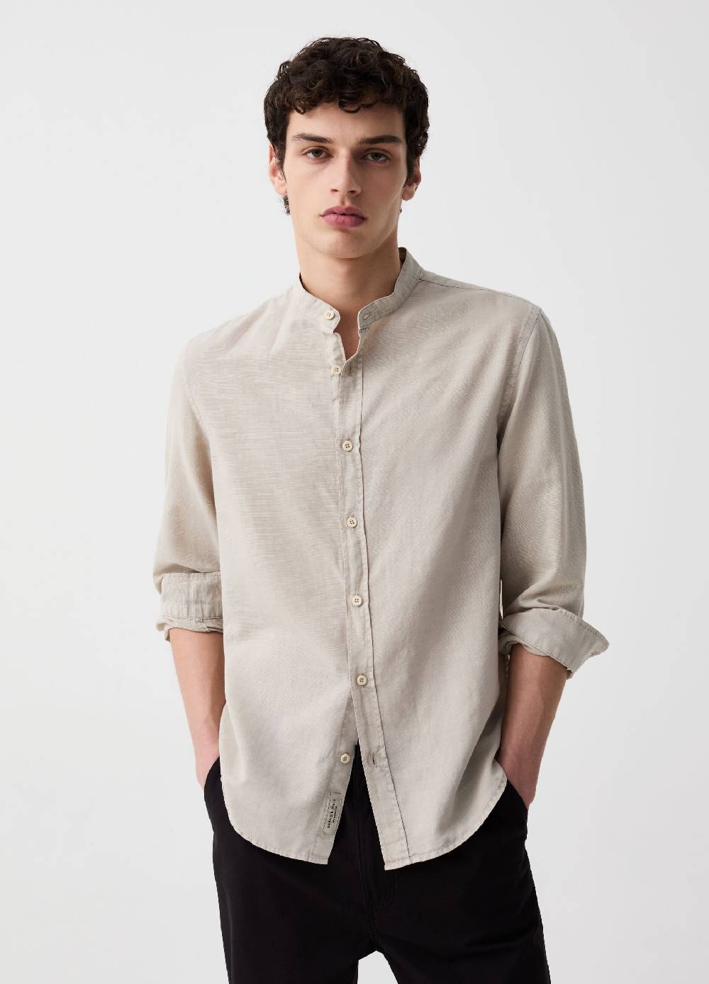 Ovs Camicia In Cotone E Lino Collo Alla Coreana