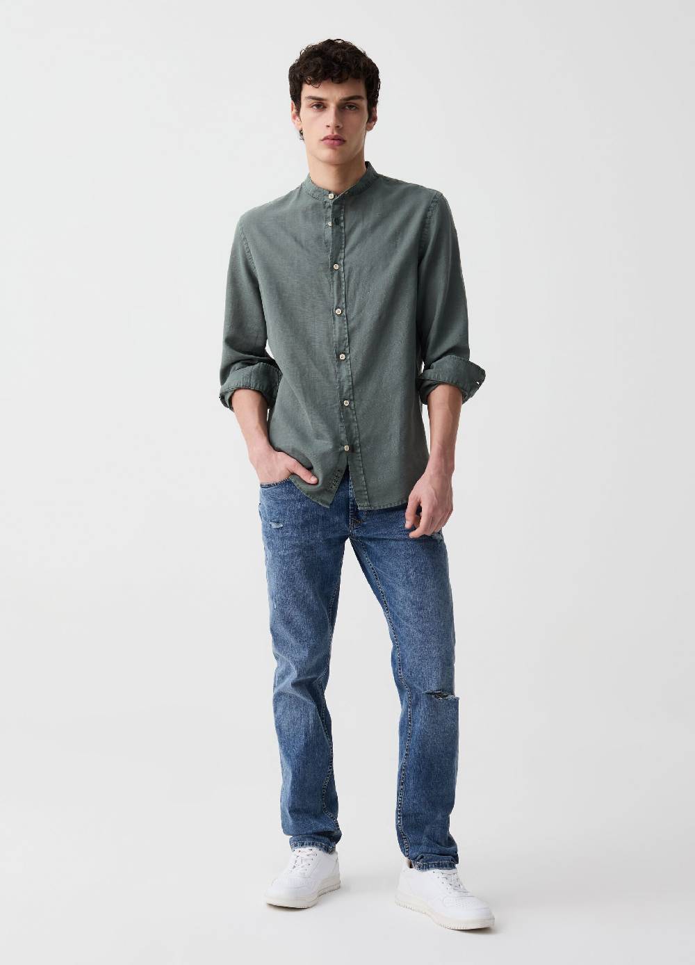 Ovs Camicia in cotone e lino collo alla coreana