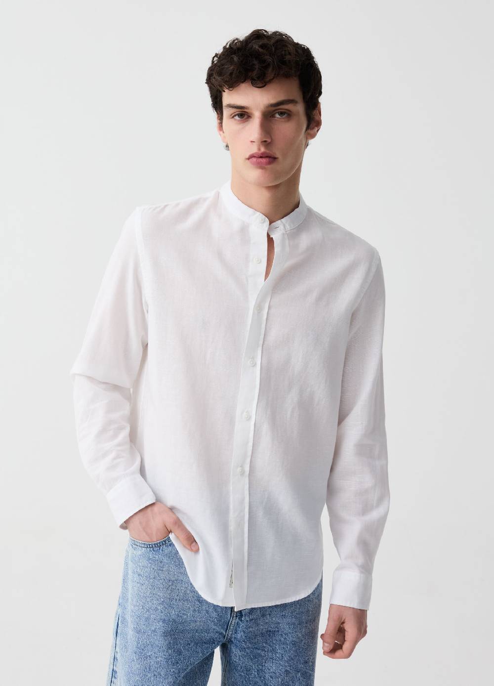 Ovs Camicia In Cotone E Lino Collo Alla Coreana