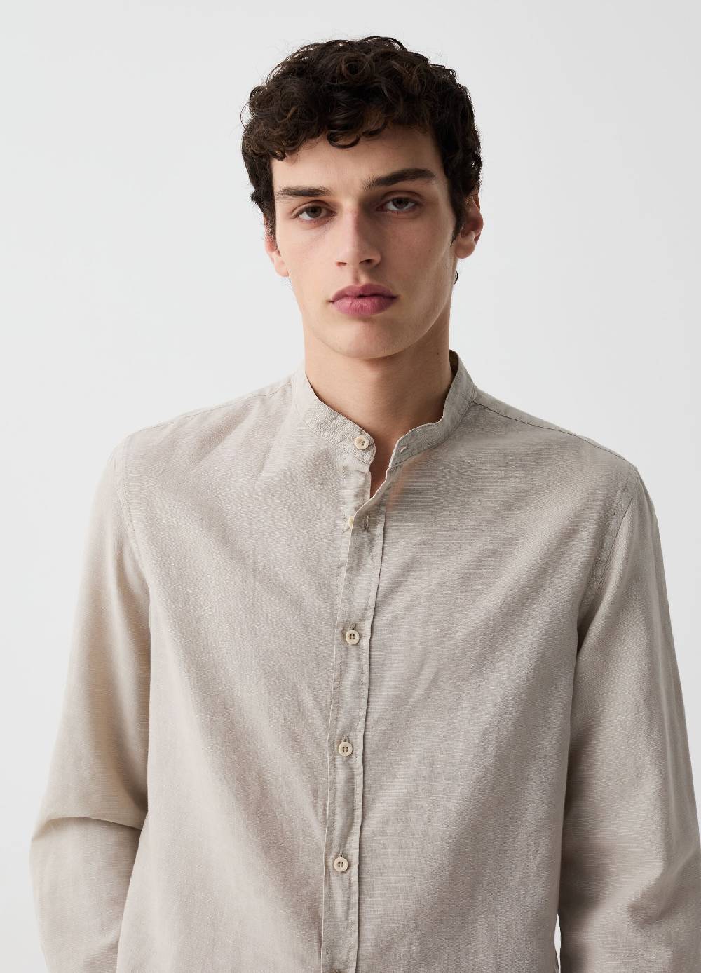 Ovs Camicia in cotone e lino collo alla coreana