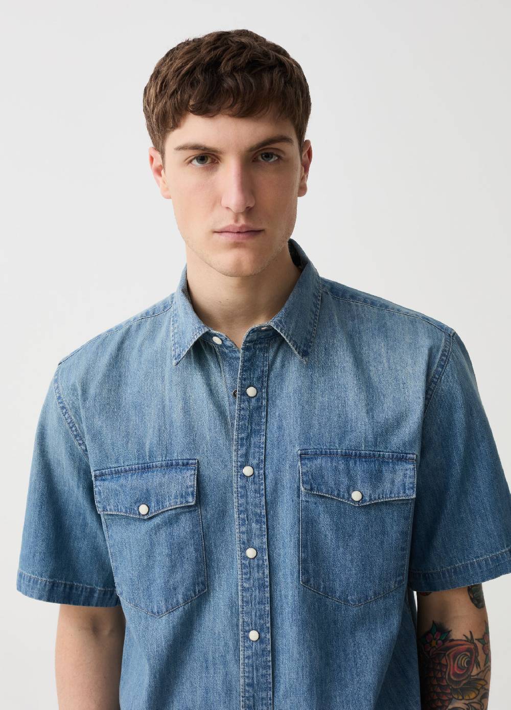 Ovs Camicia In Denim Con Bottoni Perlati