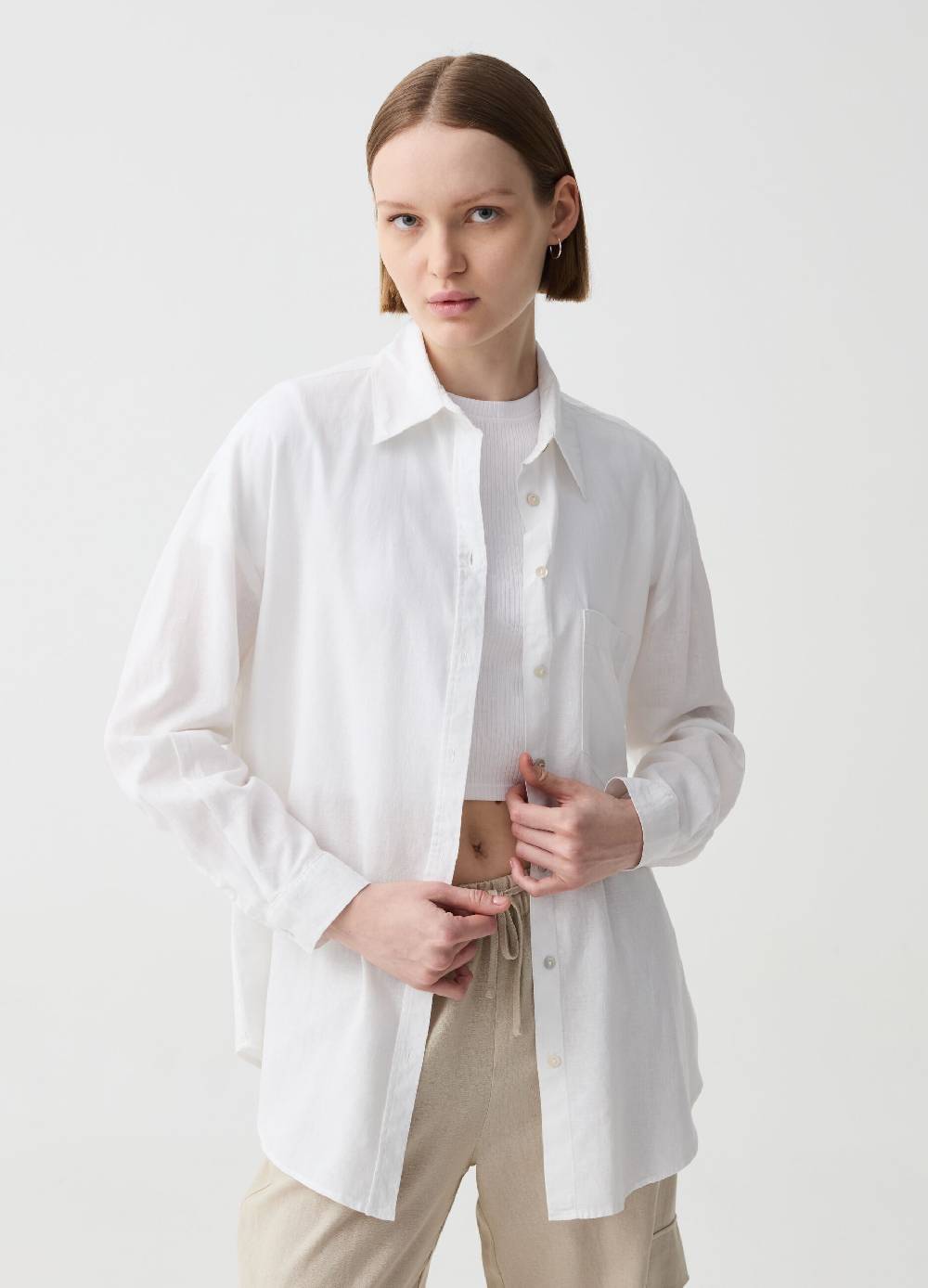 Ovs Camicia Over In Lino E Viscosa Con Tasca